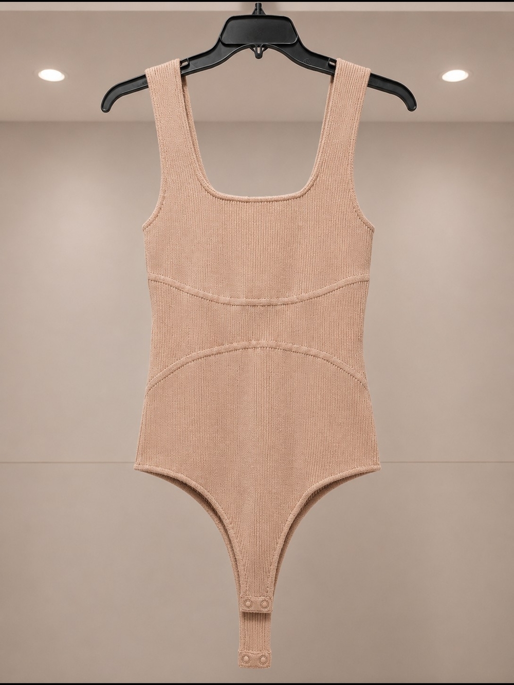Tan Ribbed Knit Square Neck Bodysuit Size L